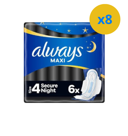 ALWAYS SERVIETTE HYGIÉNIQUE CLASSIQUE MAXI SÉCURISÉ NUIT 6PCS TAILLE 4 - Blaiche